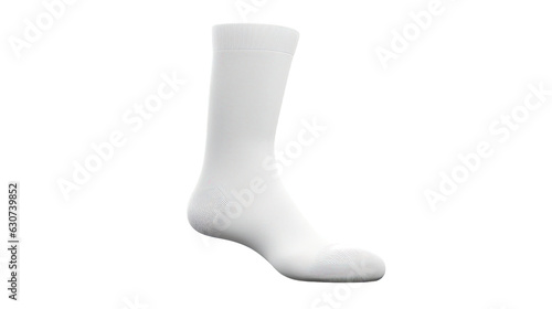 A mockup of a white sock is presented, placed on a white background and created in a 3D rendering.