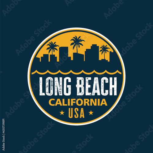 Badge of Long Beach California for logo, Stickers vector illustration with silhouette building of palm trees and ocean sunset