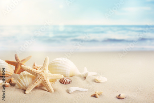 beach scene with seashell sand beach background 3d rendering AI generative