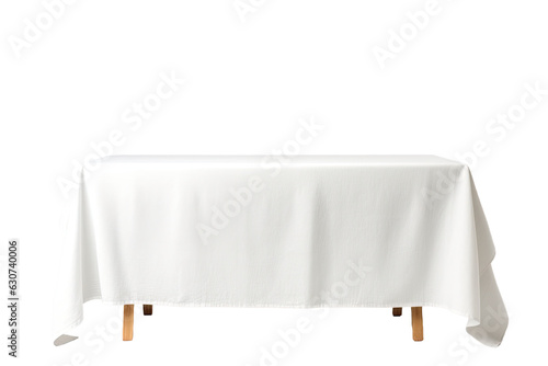 A tablecloth with a white color is seen alone on a white background, as viewed from the front. This tablecloth represents a simplistic design idea for use in exhibition stands or displays. It is made
