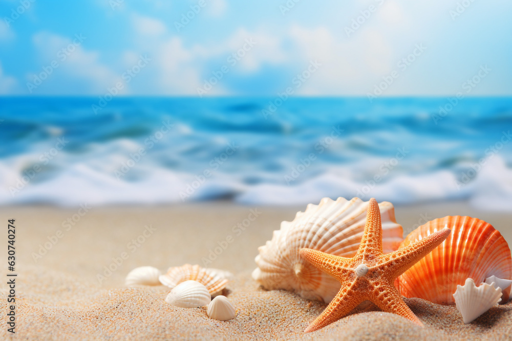 beach scene with seashell sand beach background 3d rendering AI generative 