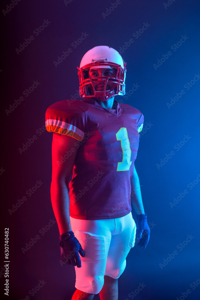 American football player banner with neon colors. Template for bookmaker ads with copy space. Mockup for betting advertisement. Sports betting, football betting, gambling, bookmaker, big win American football player banner with neon colors. Template for bookmaker ads with copy space. Mockup for betting advertisement. Sports betting, football betting, gambling, bookmaker, big win