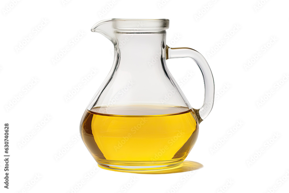 A glass jug containing vegetable oil set apart on a white background. A glass jug containing vegetable oil set apart on a white background.
