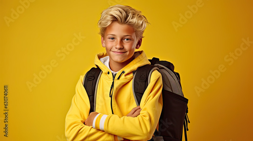 Cute scandinavian teenager boy in yellow shirt with school bag over yellow isolated background, half body, as school, education concept