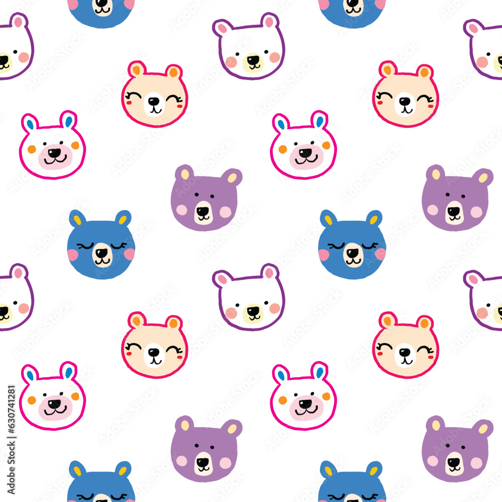 Seamless Pattern of Cartoon Bear Face Design on White Background