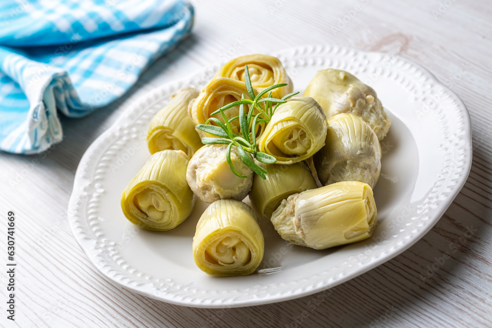 Pickled Artichoke Hearts with Marinated in Plate.