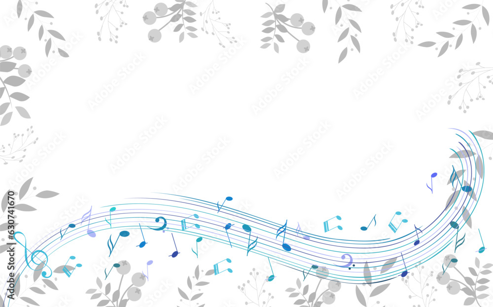 Music Design. Blue musical wave on the background of leaves. For concerts, music, presentations, certificates.
