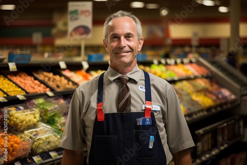 a middle-aged man in a grey shirt, tie and apron working as a sales assistant in a grocery shop, studio light. Generative AI technology photo
