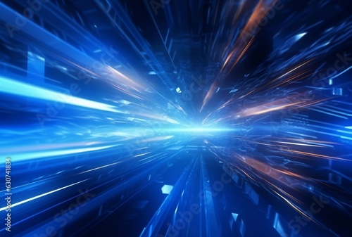 Abstract technology glowing futuristic blue light lines with speed motion blur effect on dark blue background. generative ai