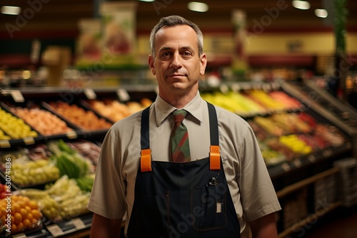 a middle-aged man in a grey shirt, tie and apron working as a sales assistant in a grocery shop, studio light. Generative AI technology photo