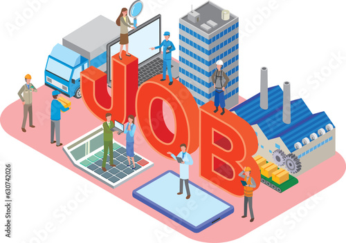 働く人たちとJOBの文字イラスト
