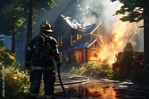 The illustration depicts a helpless firefighter watching as a house burns, capturing the intensity and helplessness of the moment. Generative Ai.