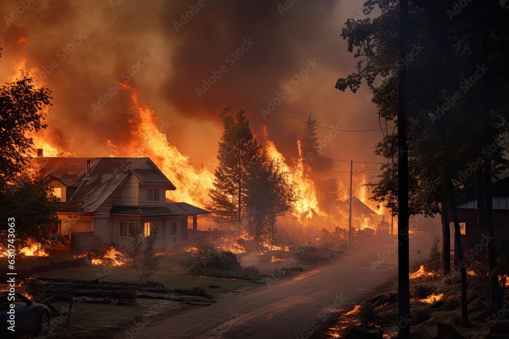 Illustration of a forest fire advancing towards a settlement, threatening to engulf houses, while smoke covers the sky. Summer hot day. Generative Ai.