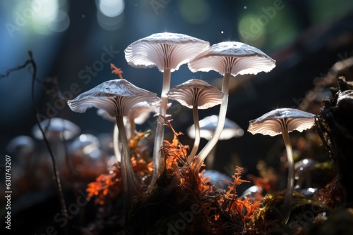 Mushrooms in the forest with water drops.