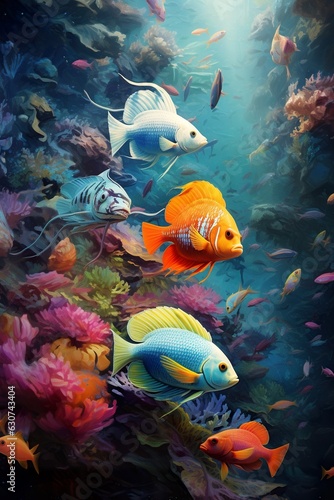 Tropical coral reef and fish. ai generative art.