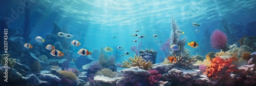 Tropical coral reef and fish. ai generative art.
