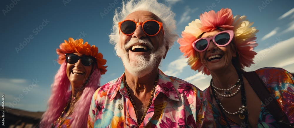 Happy old man on the beach with friends, generative ai