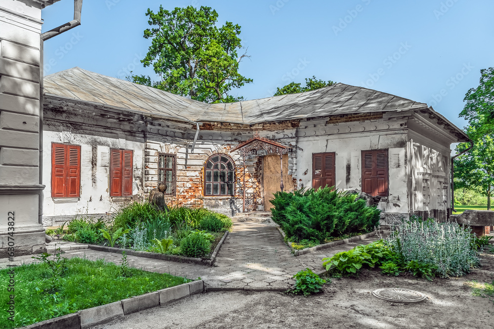 Trostyanets, Sumy Oblast, Ukraine - June 18, 2023: Building of the Trostyanets Museum of Local Lore damaged by russian terrorists during the War in Ukraine 2022. Battered facade after shelling