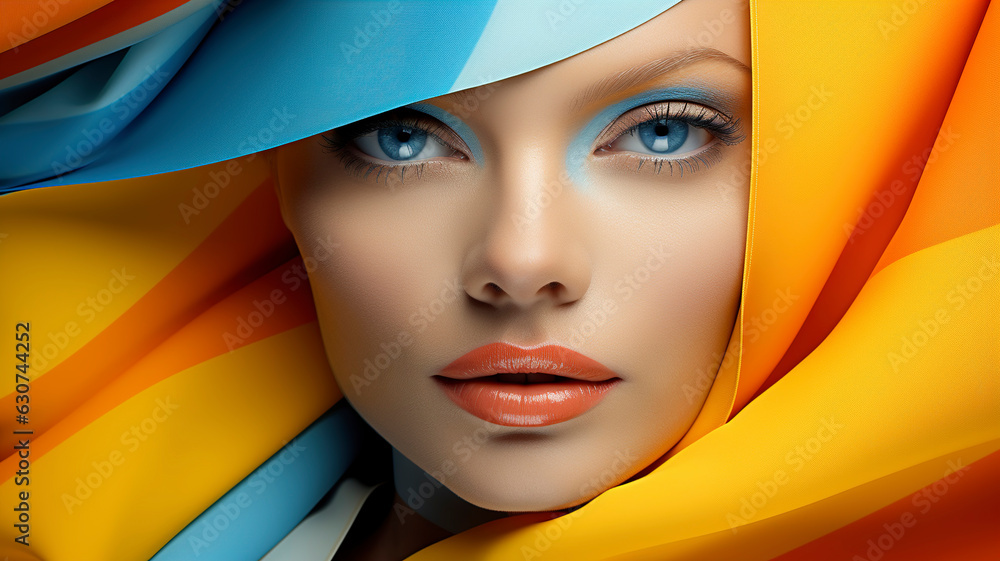 Face of beautiful young woman with bright makeup. Close up portrait of elegant luxurious woman incolored lightweight fabric, fashion sexy woman, vogue, creative style.