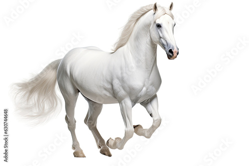 A galloping stallion of the Akhal-Teke breed on a white surface.