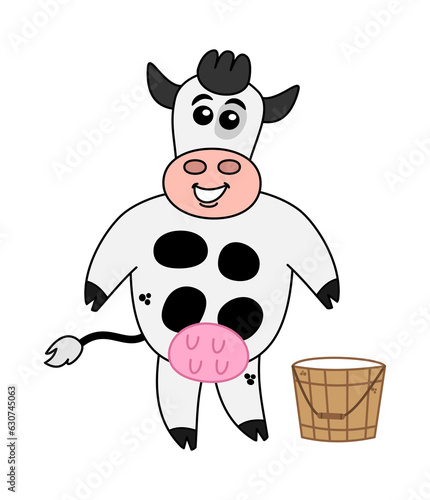 Smiling dairy cow with bucket full of fresh milk on transparent background