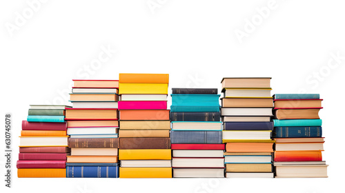 A pile of vibrant books stands alone on a white background. Assorted books are gathered together  including hardcover ones intended for reading. This represents the ideas of going back to school and