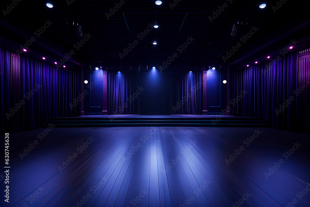 Blue lighting stage background. AI technology generated image