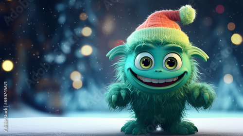 baby monster with present against a festive Christmas bokeh background