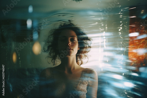 A young woman with closed eyes is surrounded by transparent waves resembling water and various light effects. Artistic, hypnotic and mysterious image.  photo