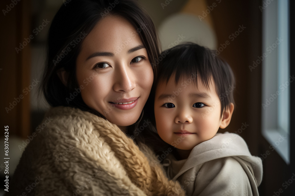 Happy Asian mom hold in hands hug cute little baby show love care. Smiling mother embrace cuddle infant child. Motherhood, childcare concept. Generative AI. Happy Asian mom hold in hands hug cute little baby show love care. Smiling mother embrace cuddle infant child. Motherhood, childcare concept. Generative AI.