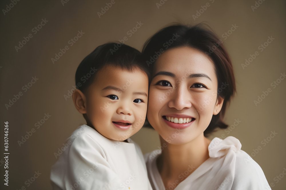 Happy Asian mom hold in hands hug cute little baby show love care. Smiling mother embrace cuddle infant child. Motherhood, childcare concept. Generative AI. Happy Asian mom hold in hands hug cute little baby show love care. Smiling mother embrace cuddle infant child. Motherhood, childcare concept. Generative AI.