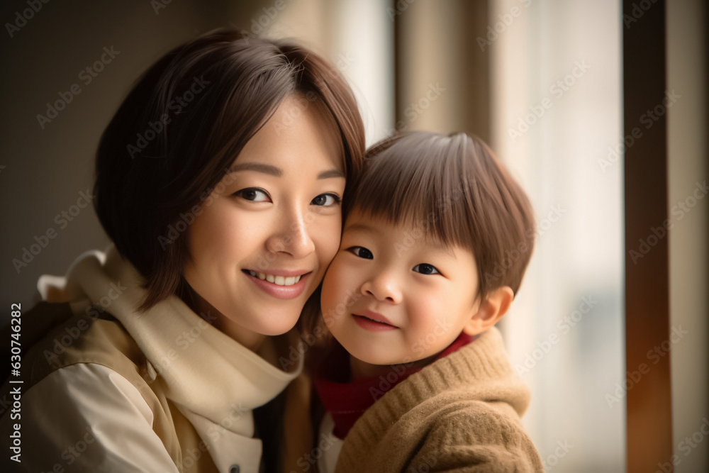 Happy Asian mom hold in hands hug cute little baby show love care. Smiling mother embrace cuddle infant child. Motherhood, childcare concept. Generative AI. Happy Asian mom hold in hands hug cute little baby show love care. Smiling mother embrace cuddle infant child. Motherhood, childcare concept. Generative AI.