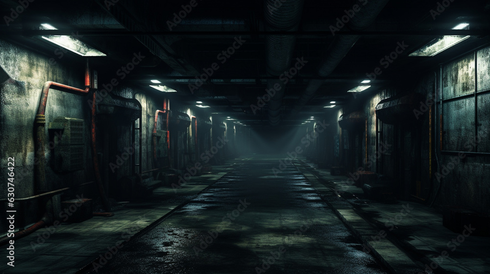 Grunge industrial tunnel, where rust-covered pipes line concrete walls. Flickering dim lights cast an eerie atmosphere