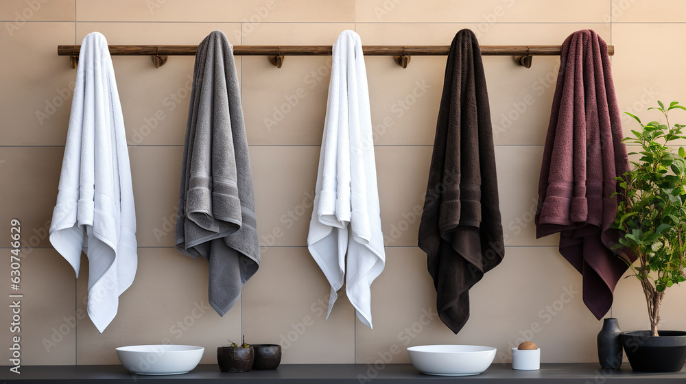Sophisticated Simplicity, White, Black, and Grey Cotton Terry Towels on a Rail. Generative AI