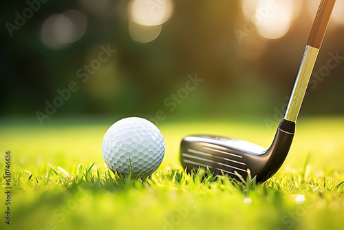 Golf balls and clubs on the grass. AI technology generated image