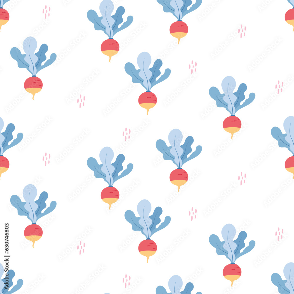 Seamless vector pattern with cute hand drawn radish. Summer theme background with fun vegetables for kids room decor, nursery art, packaging, apparel, gift, wrapping paper, textile, fabric, wallpaper.