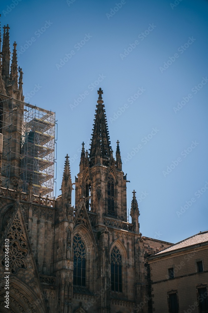 Vertical shot of the statues of the Cathedral of Barcelona in Spain