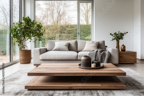 modern living room with sofa, scandinavian interior design, large windows