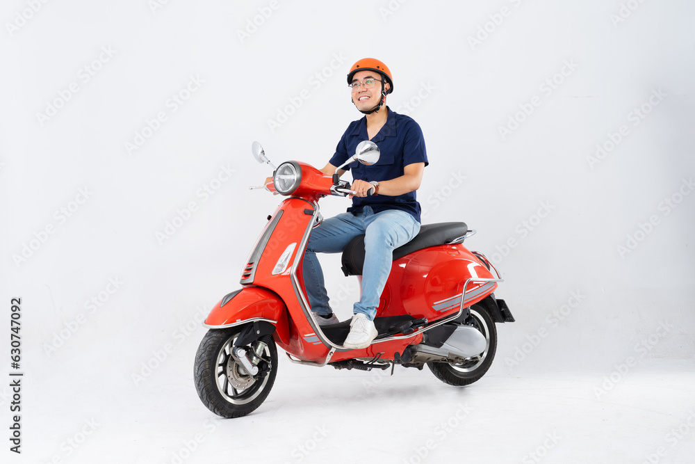 full body photo of a man wearing a hairdresser and driving a motorbike