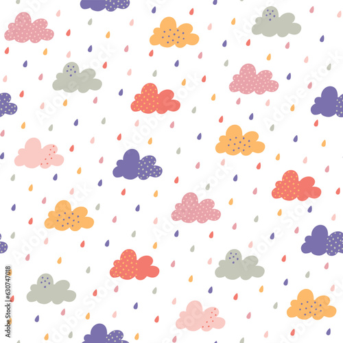 Colorful clouds and raindrops cute hand drawn seamless vector pattern. Kawaii background for kids room decor, nursery art, packaging, wrapping paper, textile, print, fabric, wallpaper, gift, apparel.