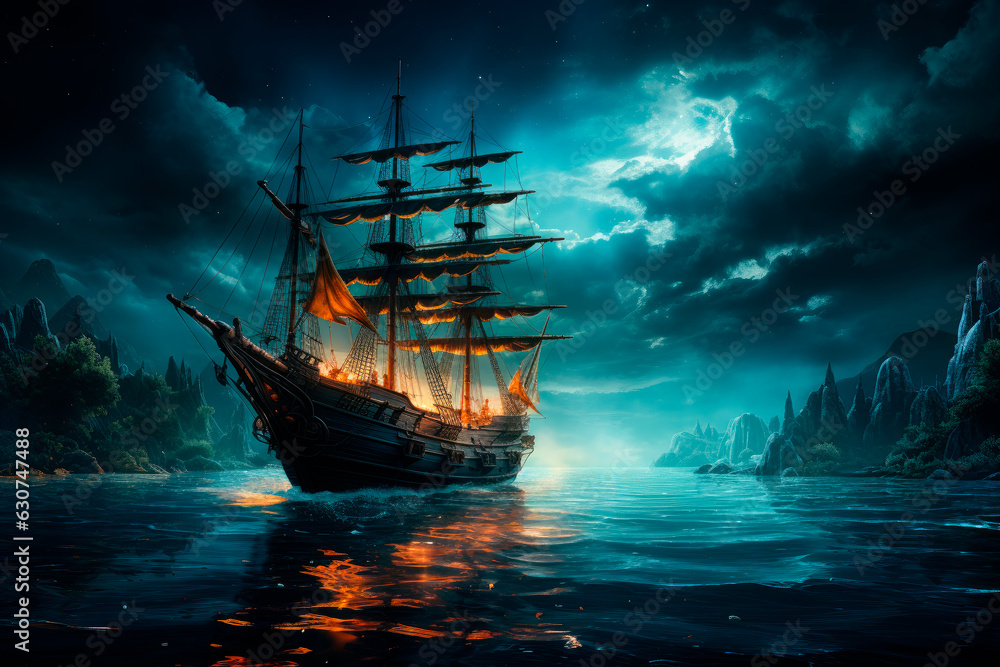 Ship floating on the waves in front of bright night sky with a stars and moon light