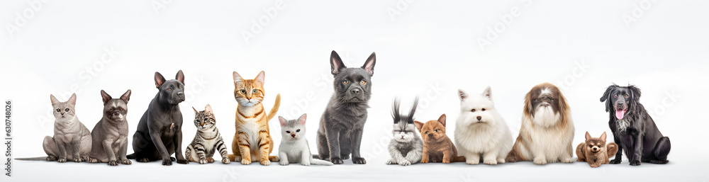 Group of cats and dogs in front of white background