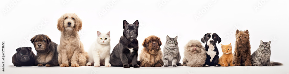 Group of cats and dogs in front of white background