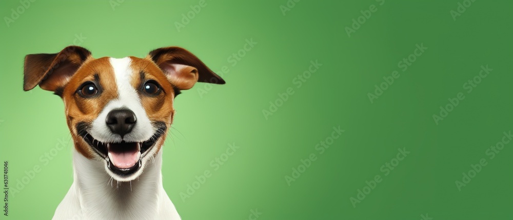 close-up banner with puppy dog, isolated on green background with copy space