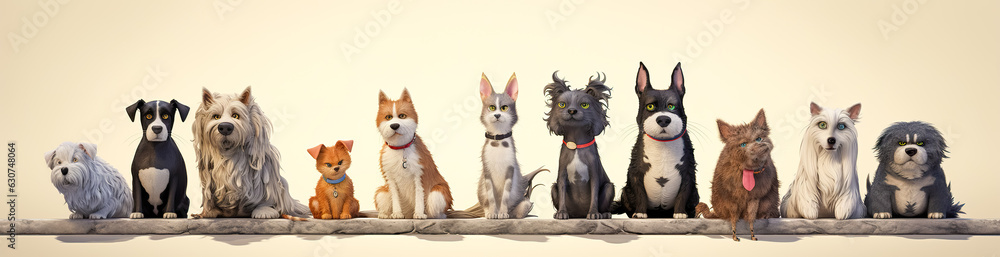 Group of cats and dogs in front of brown background