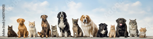 Group of cats and dogs in front of blue background