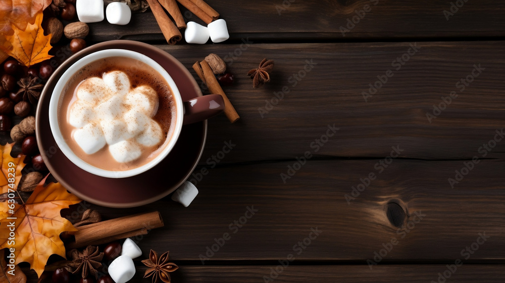 A cup of fragrant coffee with marshmallows and maple leaves on a wooden background of new quality, universal colorful technology, illustration design, generative artificial intelligence A cup of fragrant coffee with marshmallows and maple leaves on a wooden background of new quality, universal colorful technology, illustration design, generative artificial intelligence