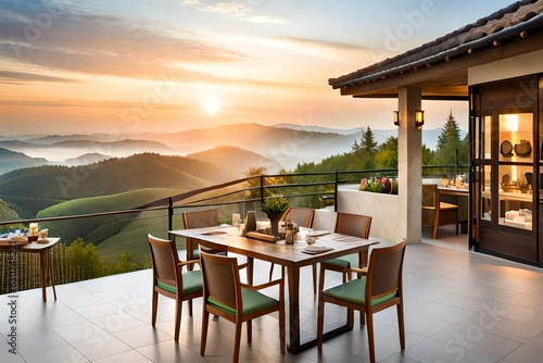 A rustic and cozy rooftop dining area, adorned with wooden furniture and rustic decor, set amidst a picturesque countryside landscape