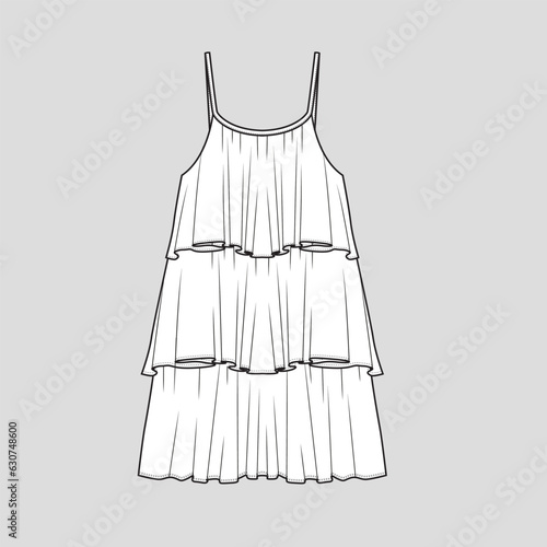 Layered Ruffles cami Dress Women fashion Camisole dress  flat sketch technical drawing template design vector