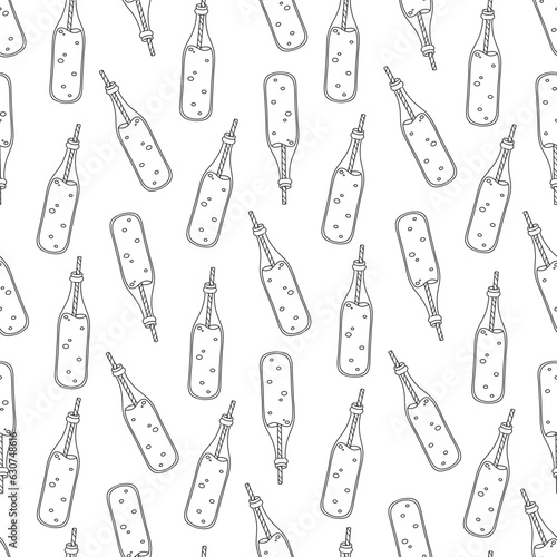 Soft soda drink bottles seamless pattern. Simple black and white line vector texture. Cute hand drawn drink theme background for packaging, apparel, card, wrapping paper, fabric, wallpaper, textile.